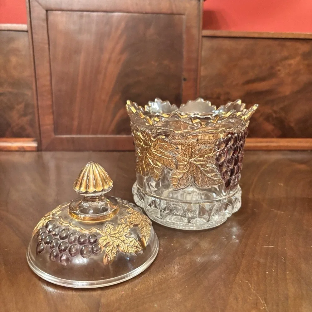 Vintage Mosser Glass Grape Covered Sugar Bowl Purple Grapes Gold Trim Candy Dish